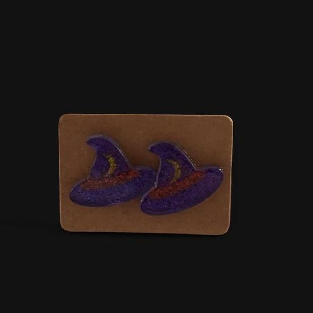 Halloween Witch Hat Stud Earrings Purple Glitter Acrylic Resin Spooky Whimsigoth